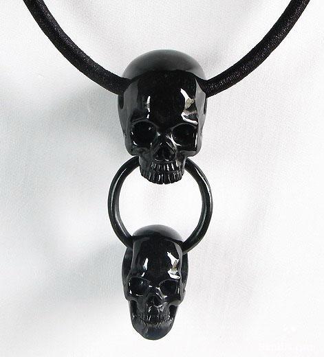 Black Obsidian Double Skulls with Ring Pendant