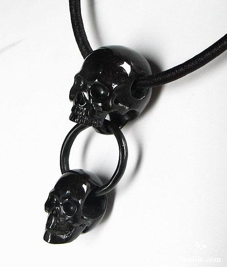 Black Obsidian Double Skulls with Ring Pendant