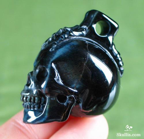 Blue Tiger's Eye Crystal Skull with Bones Pandant