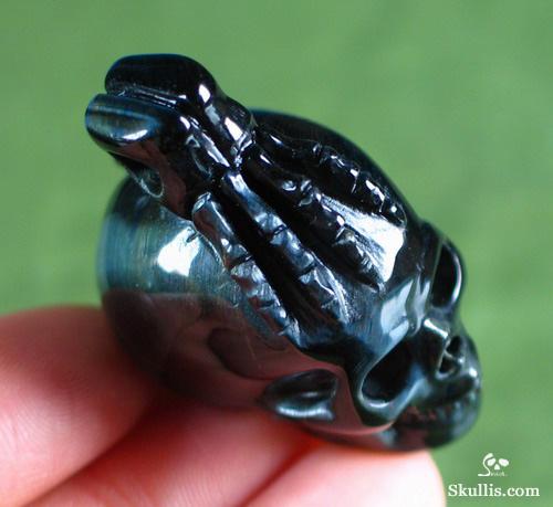 Blue Tiger's Eye Crystal Skull with Bones Pandant