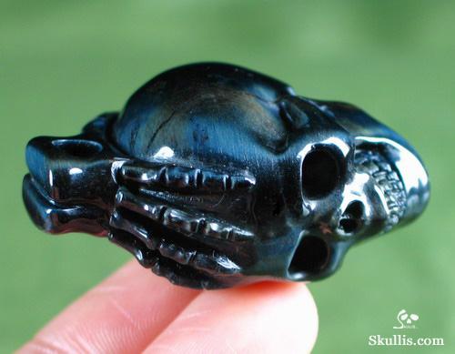 Blue Tiger's Eye Crystal Skull with Bones Pandant