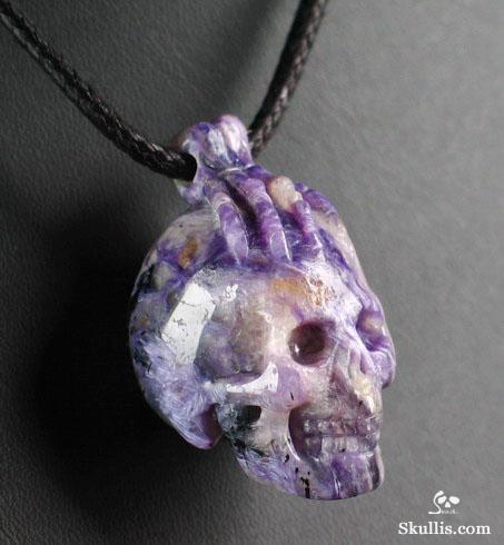Russian Charoite Skull with Bones Pendant
