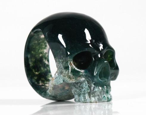 Green Moss Agate Crystal Skull Ring