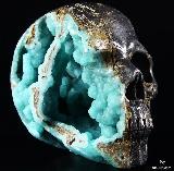 Unique Rare Geode Huge 4.8" Blue Aragonite Carved Crystal Skull