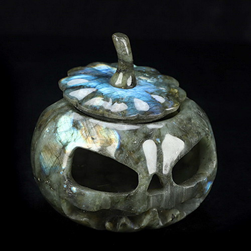 5.0" Labradorite Hand Carved Hollow Jack-O'-Lantern Pumpkin Crystal Skull Sculpture, Crystal Healing