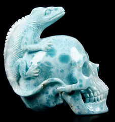 Fine Gemstone 3.2" Larimar Carved Crystal Skull with Lizard Sculpture