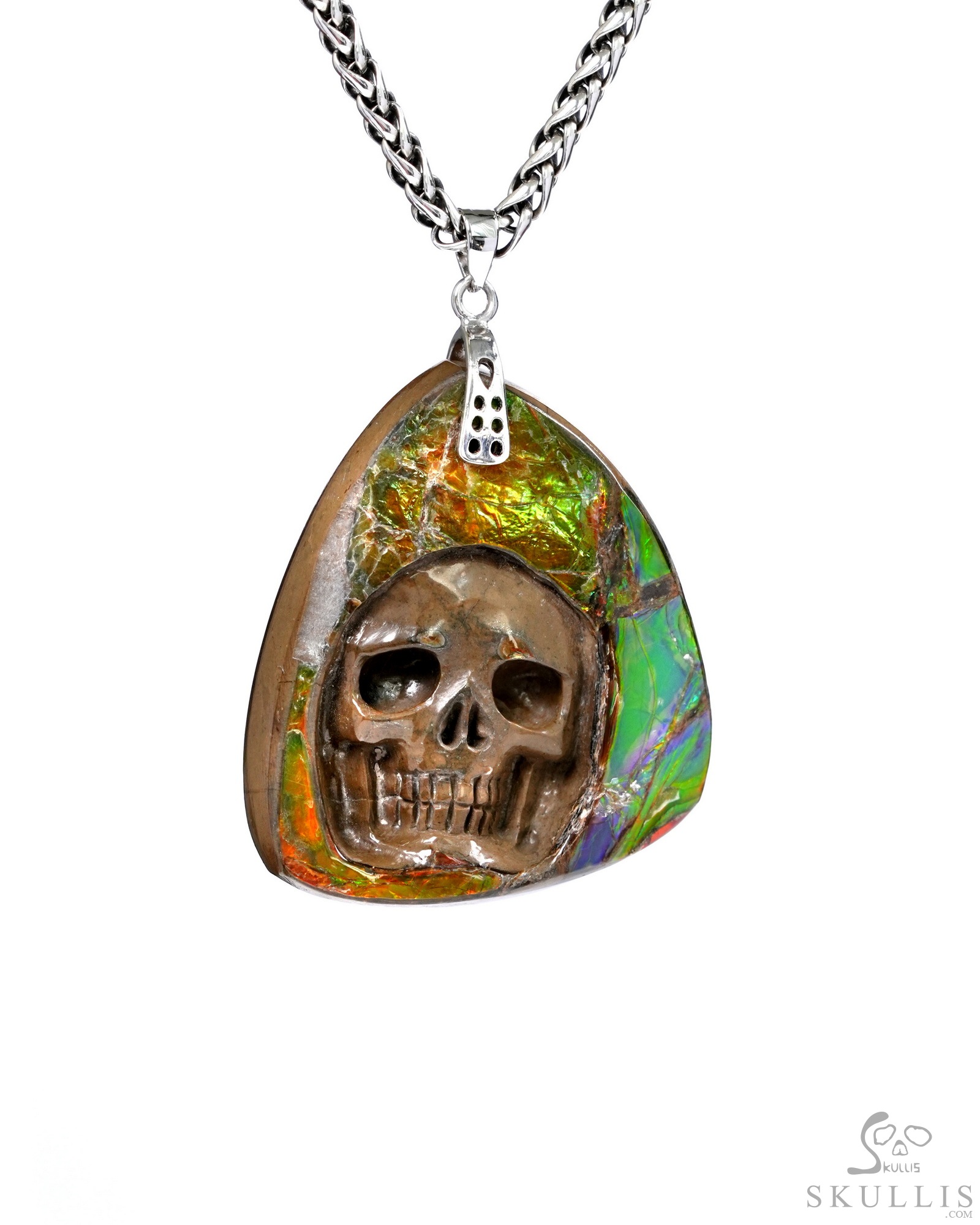 Necklace of 1.7" Ammolite Hand Carved Crystal Skull Pendant, Skull Jewelry Necklace of 1.7" Ammolite Hand Carved Crystal Skull Pendant, Skull Jewelry