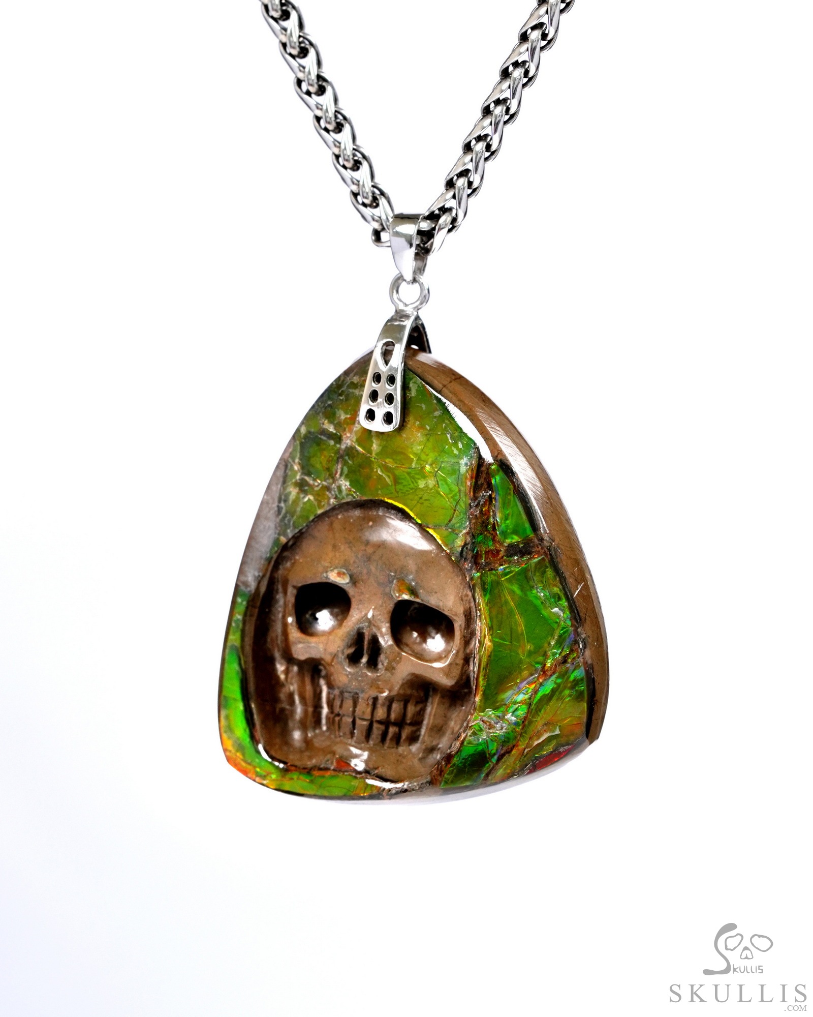 Necklace of 1.7" Ammolite Hand Carved Crystal Skull Pendant, Skull Jewelry Necklace of 1.7" Ammolite Hand Carved Crystal Skull Pendant, Skull Jewelry