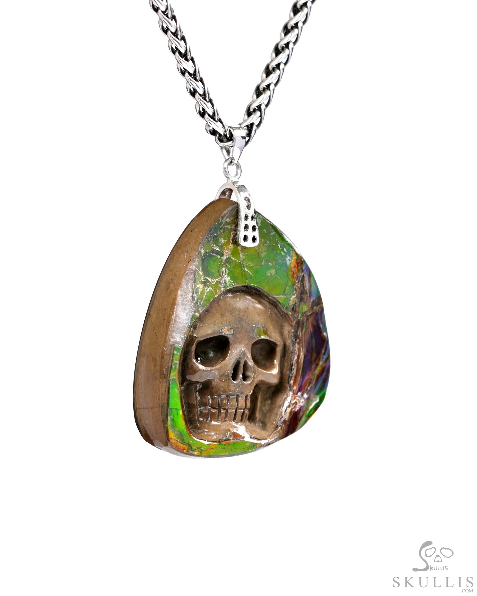Necklace of 1.7" Ammolite Hand Carved Crystal Skull Pendant, Skull Jewelry Necklace of 1.7" Ammolite Hand Carved Crystal Skull Pendant, Skull Jewelry