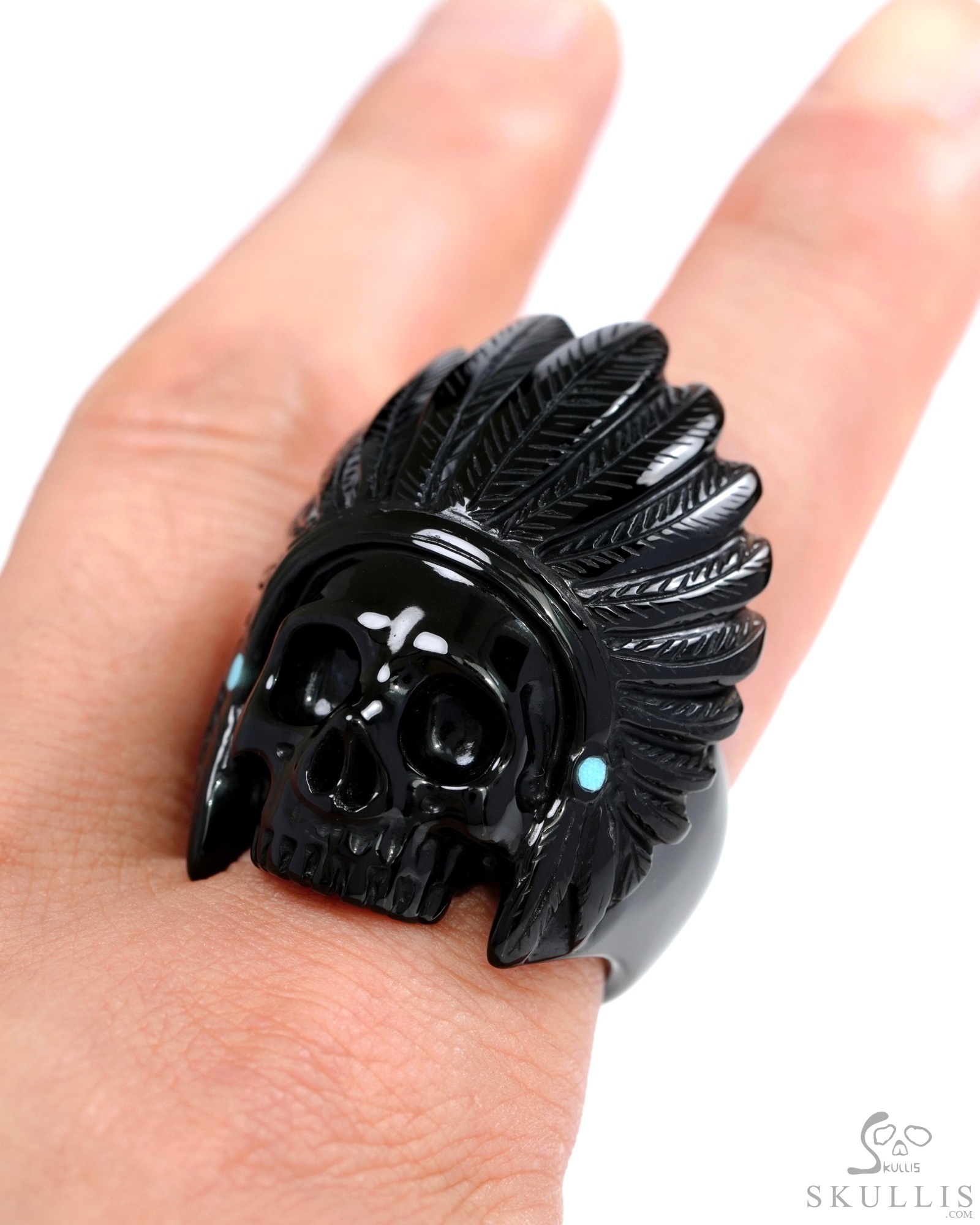 Black Obsidian Gem Skull Ring, Hand-Carved Indian Skull with Turquoise Inlay – US Size 10.5 - 0500054 Black Obsidian Gem Skull Ring, Hand-Carved Indian Skull with Turquoise Inlay – US Size 10.5 - 0500054