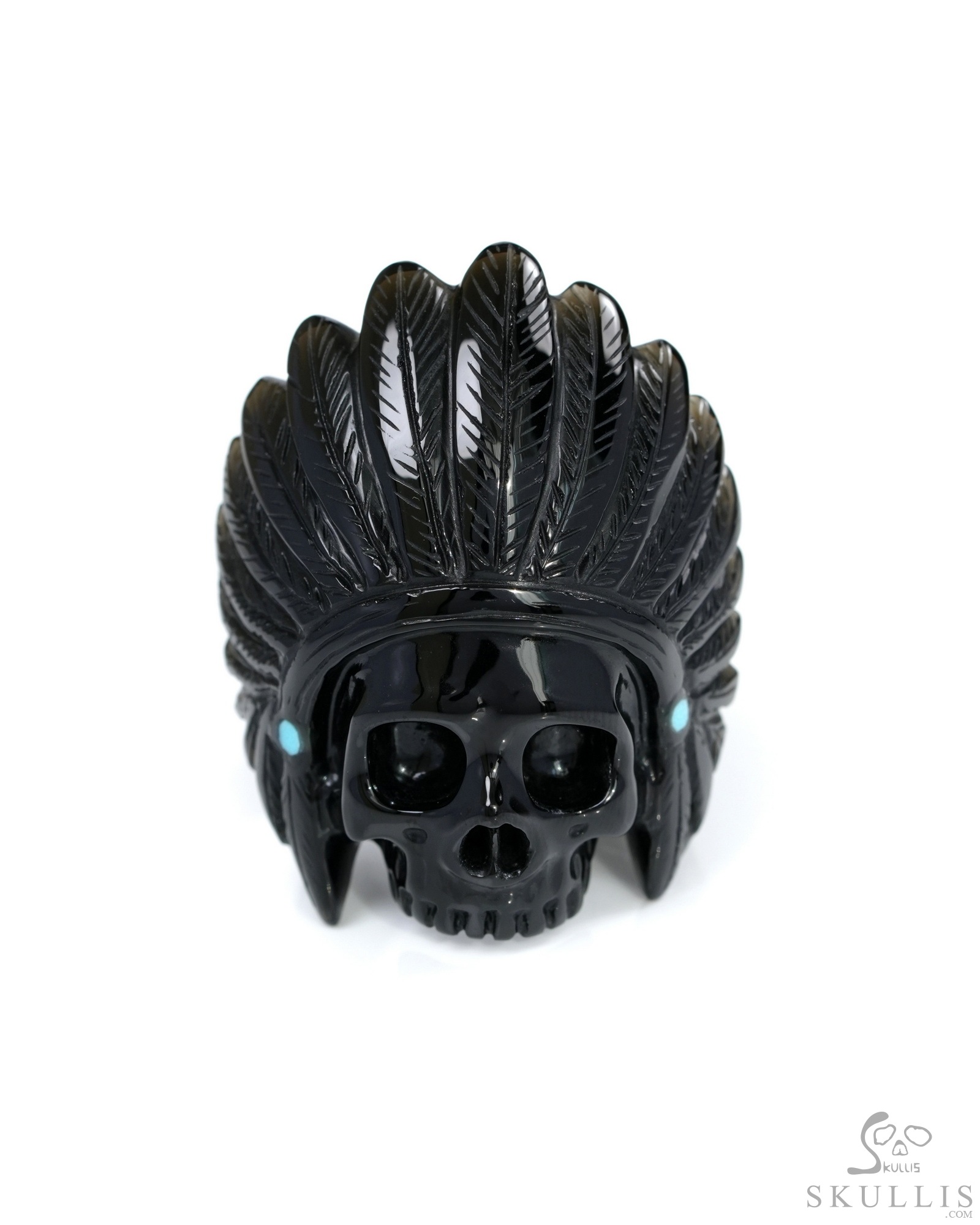 Black Obsidian Gem Skull Ring, Hand-Carved Indian Skull with Turquoise Inlay – US Size 10.5 - 0500054 Black Obsidian Gem Skull Ring, Hand-Carved Indian Skull with Turquoise Inlay – US Size 10.5 - 0500054