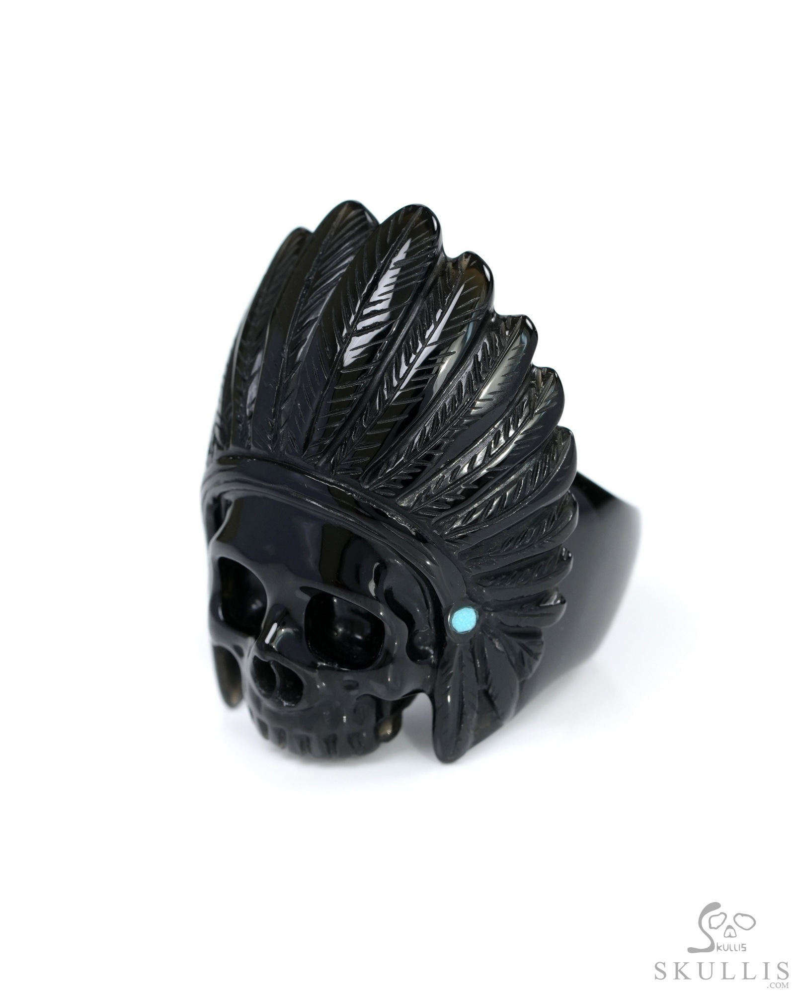 Black Obsidian Gem Skull Ring, Hand-Carved Indian Skull with Turquoise Inlay – US Size 10.5 - 0500054 Black Obsidian Gem Skull Ring, Hand-Carved Indian Skull with Turquoise Inlay – US Size 10.5 - 0500054