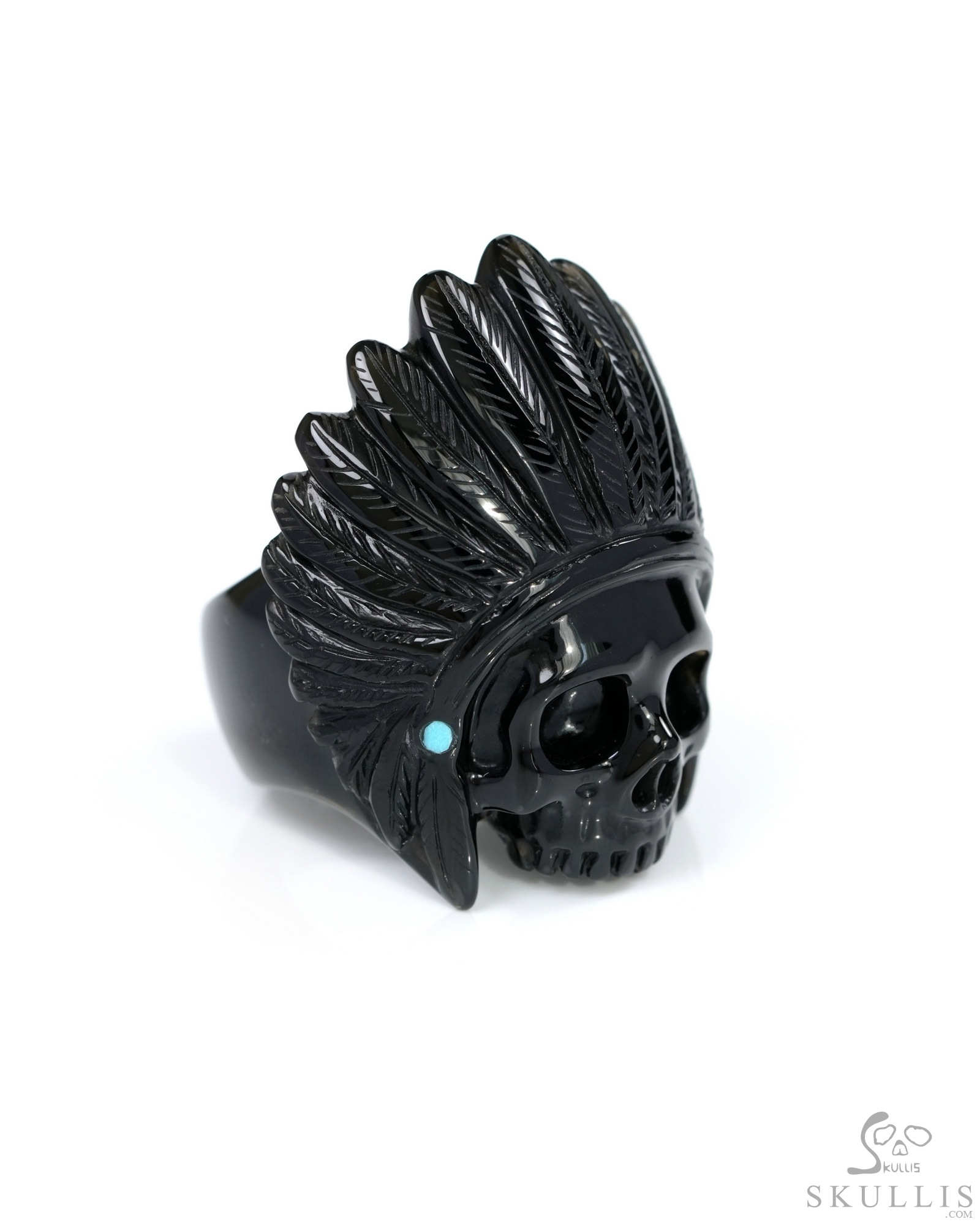 Black Obsidian Gem Skull Ring, Hand-Carved Indian Skull with Turquoise Inlay – US Size 10.5 - 0500054 Black Obsidian Gem Skull Ring, Hand-Carved Indian Skull with Turquoise Inlay – US Size 10.5 - 0500054