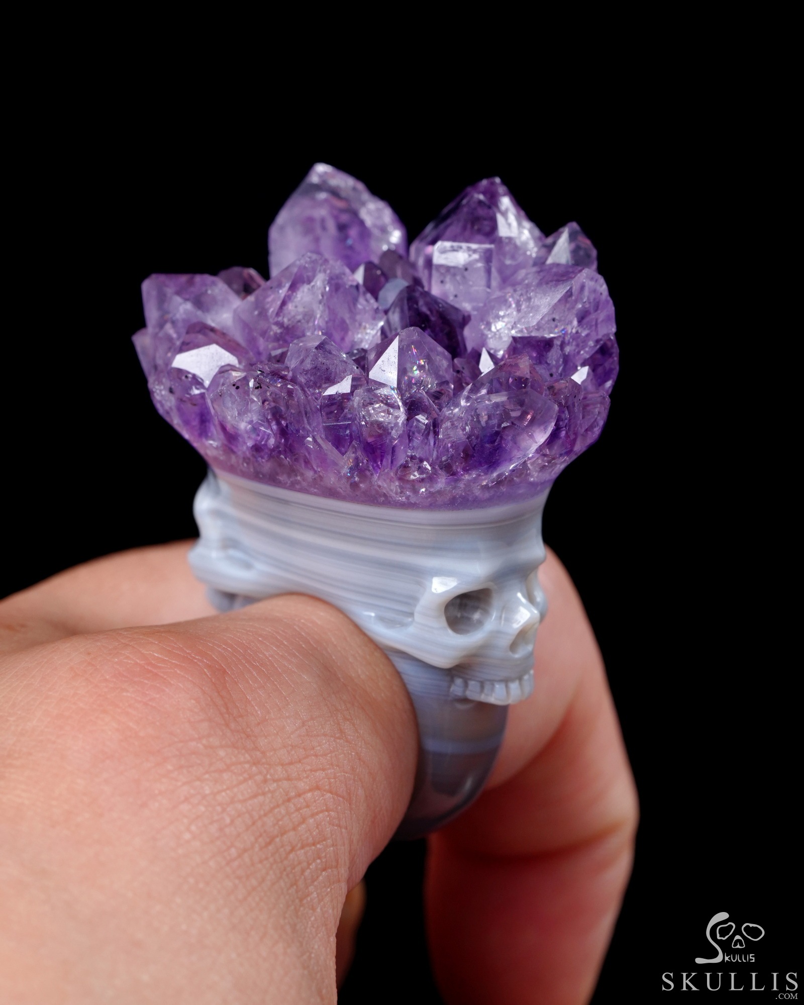 Amethyst & Agate Hand Carved Crystal Skull Ring, US Size 10.5, Skull Jewelry Amethyst & Agate Hand Carved Crystal Skull Ring, US Size 10.5, Skull Jewelry