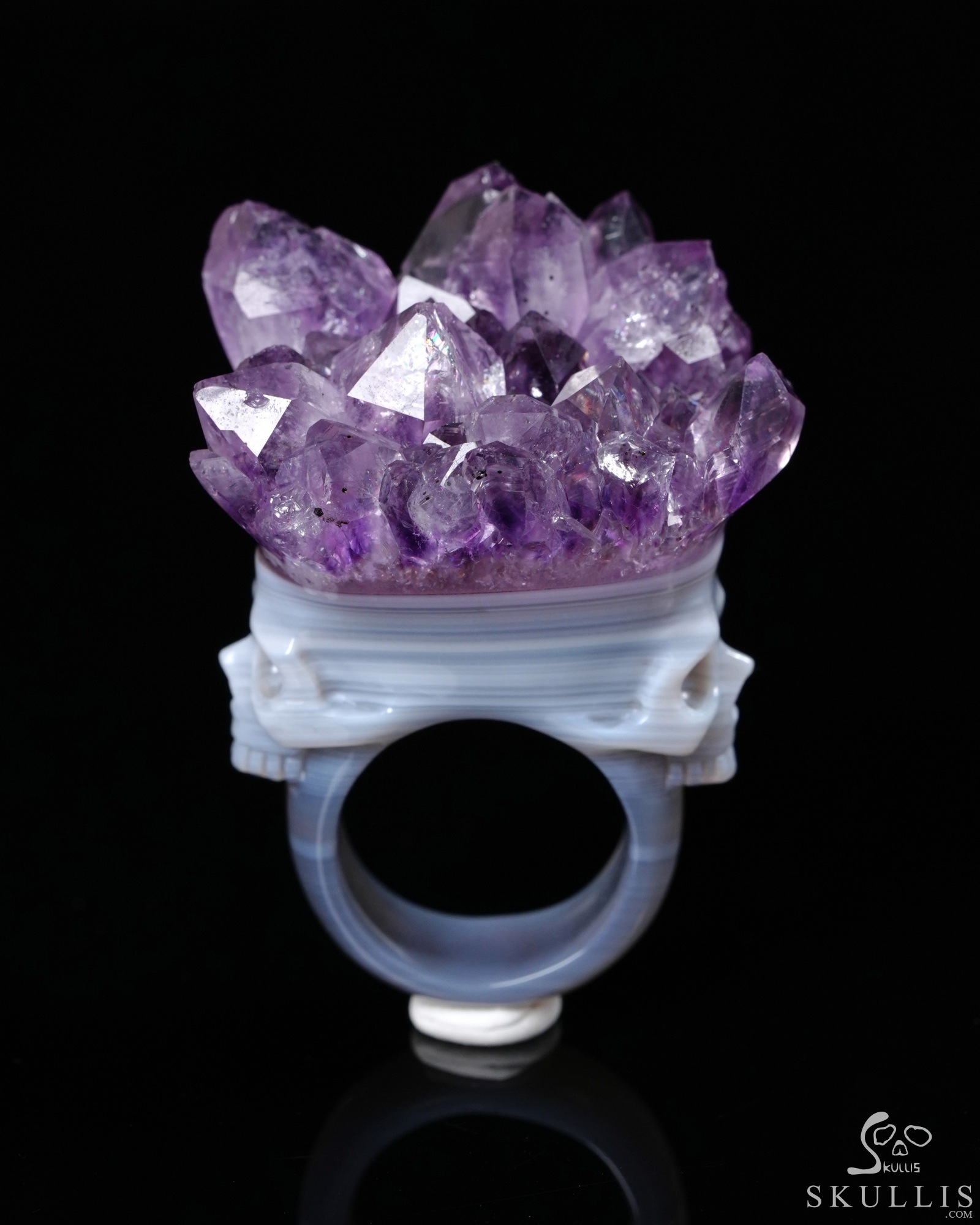 Amethyst & Agate Hand Carved Crystal Skull Ring, US Size 10.5, Skull Jewelry Amethyst & Agate Hand Carved Crystal Skull Ring, US Size 10.5, Skull Jewelry