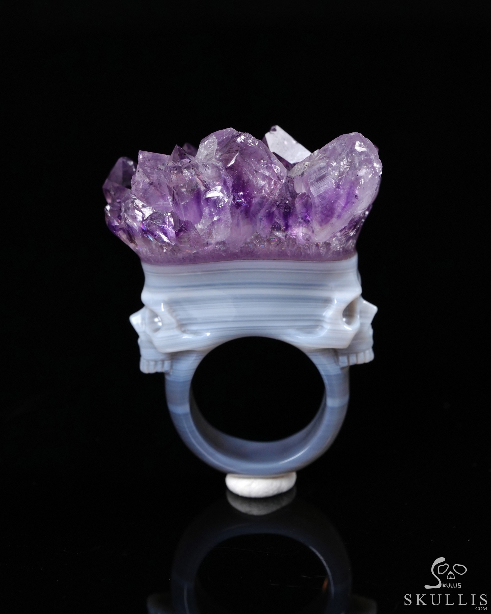 Amethyst & Agate Hand Carved Crystal Skull Ring, US Size 10.5, Skull Jewelry Amethyst & Agate Hand Carved Crystal Skull Ring, US Size 10.5, Skull Jewelry