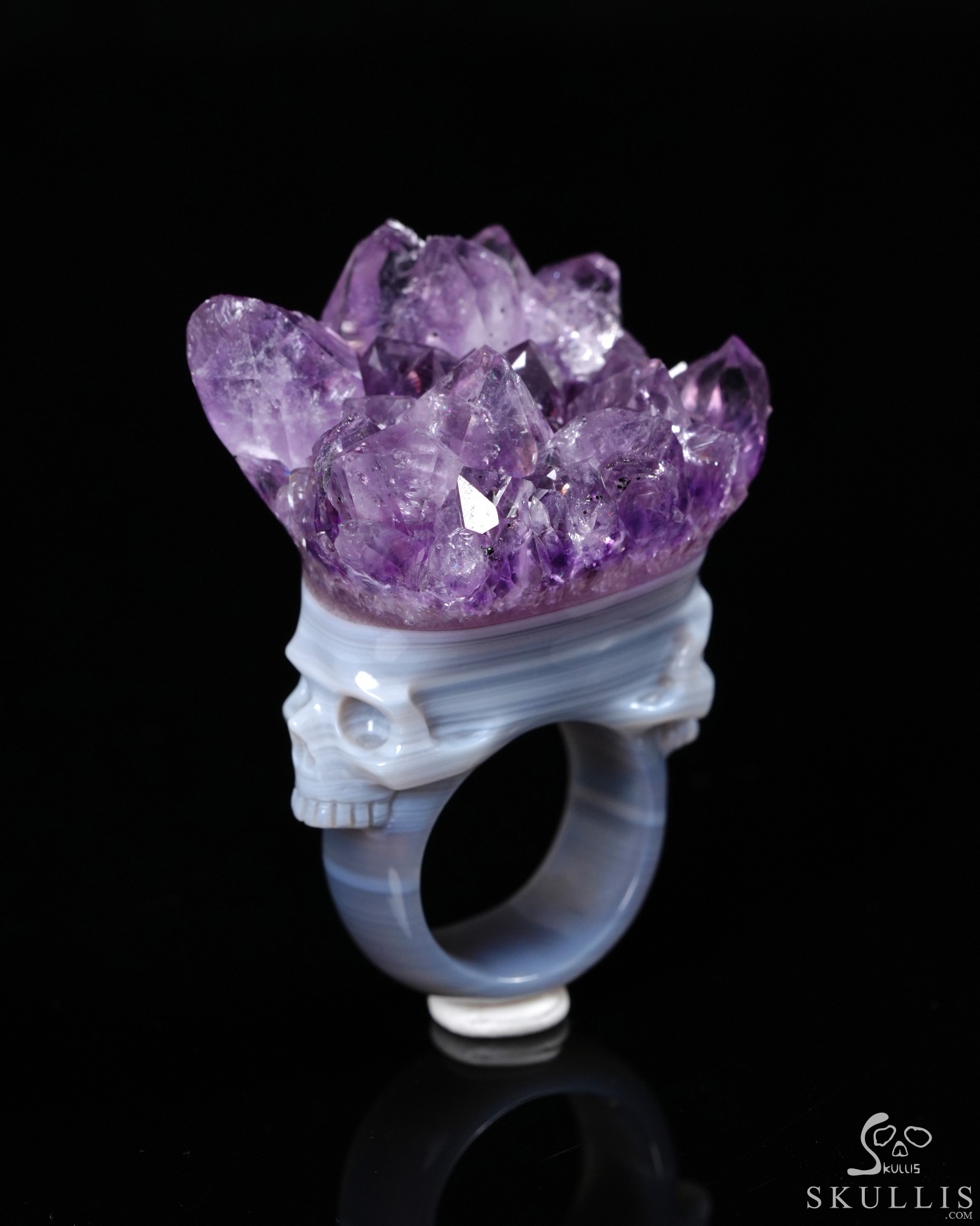 Amethyst & Agate Hand Carved Crystal Skull Ring, US Size 10.5, Skull Jewelry Amethyst & Agate Hand Carved Crystal Skull Ring, US Size 10.5, Skull Jewelry