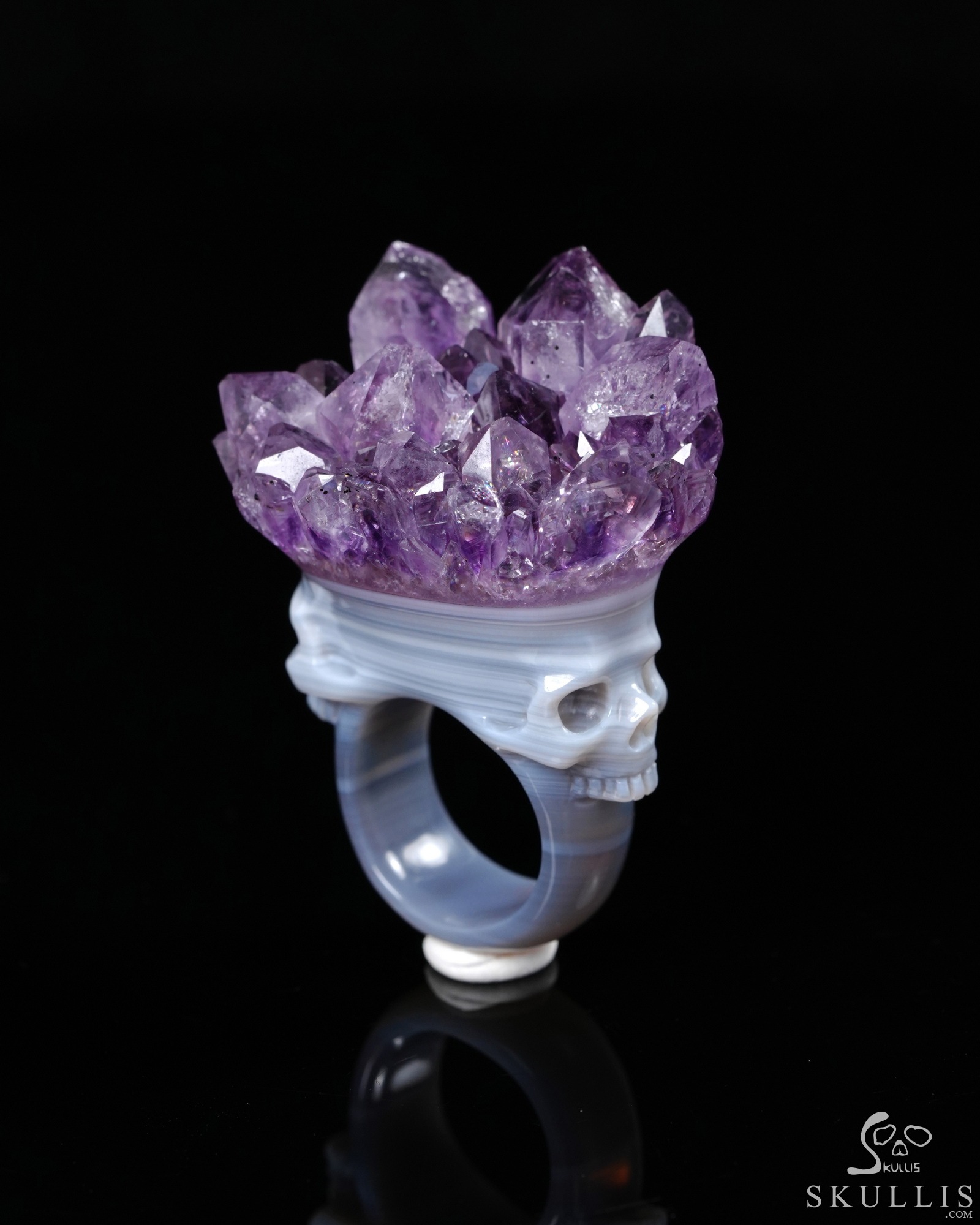 Amethyst & Agate Hand Carved Crystal Skull Ring, US Size 10.5, Skull Jewelry Amethyst & Agate Hand Carved Crystal Skull Ring, US Size 10.5, Skull Jewelry