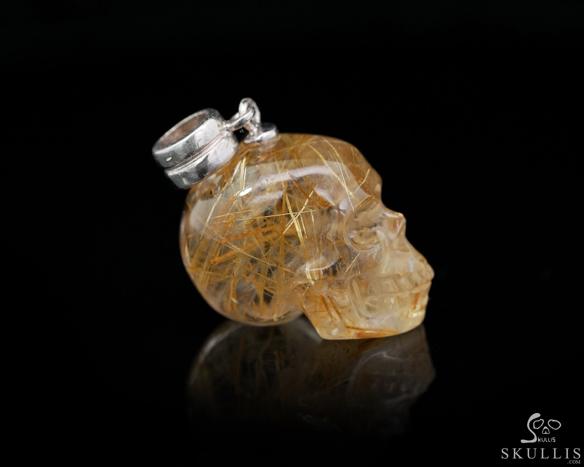 Necklace of 0.7" Rutilated Quartz Rock Crystal Hand Carved Crystal Skull Pendant, Skull Jewelry Necklace of 0.7" Rutilated Quartz Rock Crystal Hand Carved Crystal Skull Pendant, Skull Jewelry