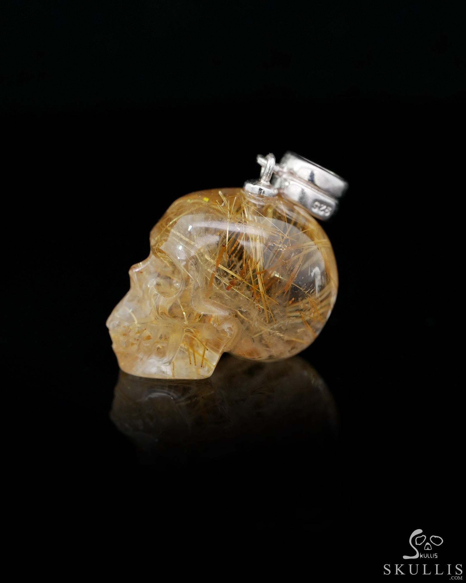 Necklace of 0.7" Rutilated Quartz Rock Crystal Hand Carved Crystal Skull Pendant, Skull Jewelry Necklace of 0.7" Rutilated Quartz Rock Crystal Hand Carved Crystal Skull Pendant, Skull Jewelry
