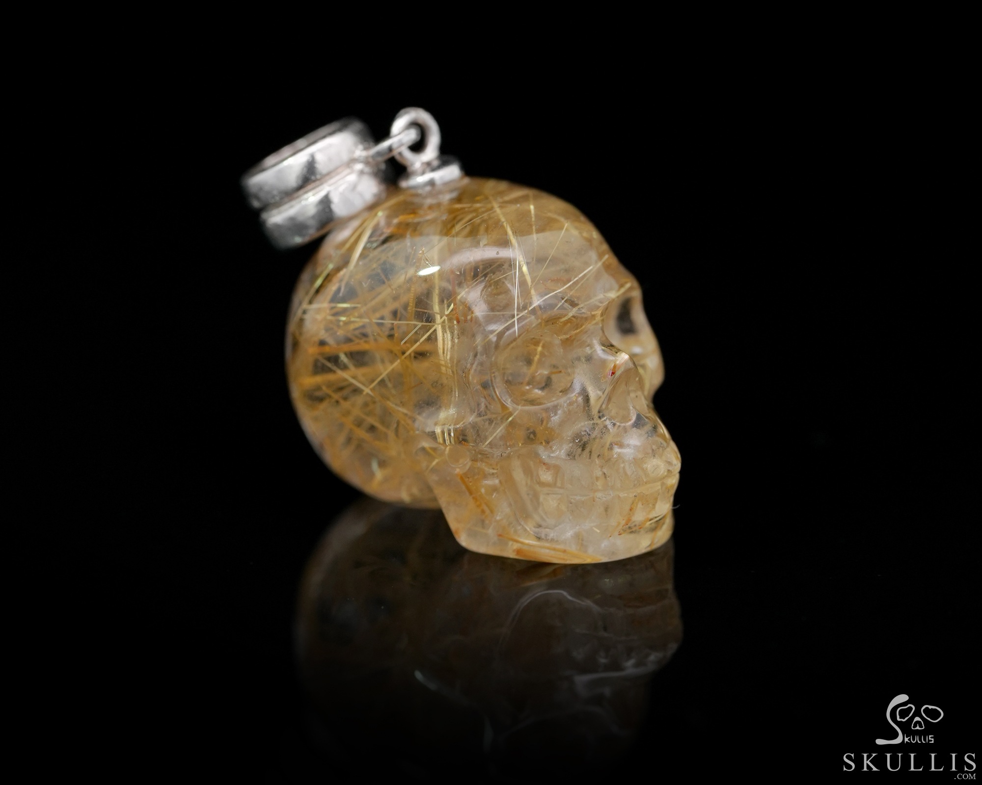 Necklace of 0.7" Rutilated Quartz Rock Crystal Hand Carved Crystal Skull Pendant, Skull Jewelry Necklace of 0.7" Rutilated Quartz Rock Crystal Hand Carved Crystal Skull Pendant, Skull Jewelry