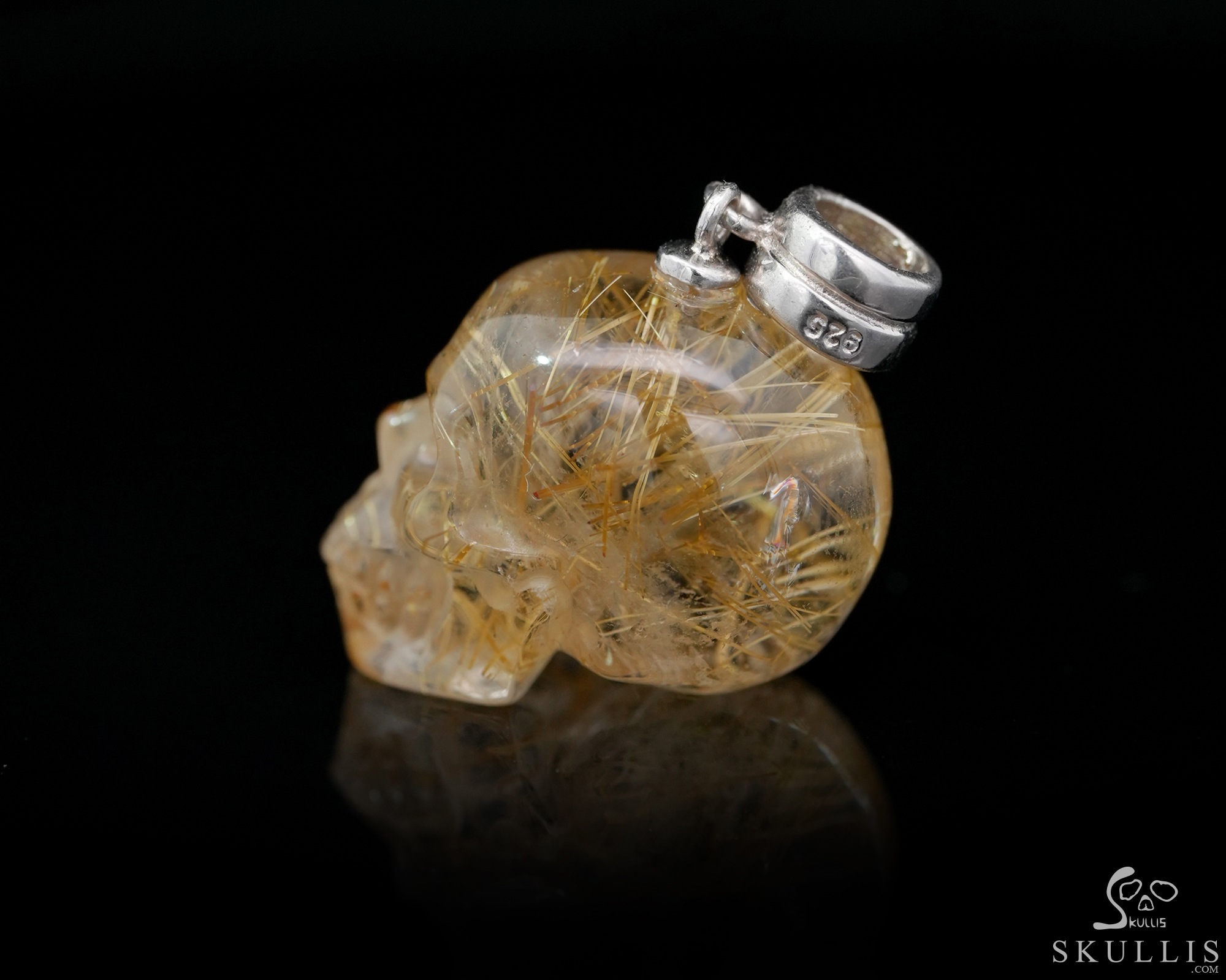 Necklace of 0.7" Rutilated Quartz Rock Crystal Hand Carved Crystal Skull Pendant, Skull Jewelry Necklace of 0.7" Rutilated Quartz Rock Crystal Hand Carved Crystal Skull Pendant, Skull Jewelry