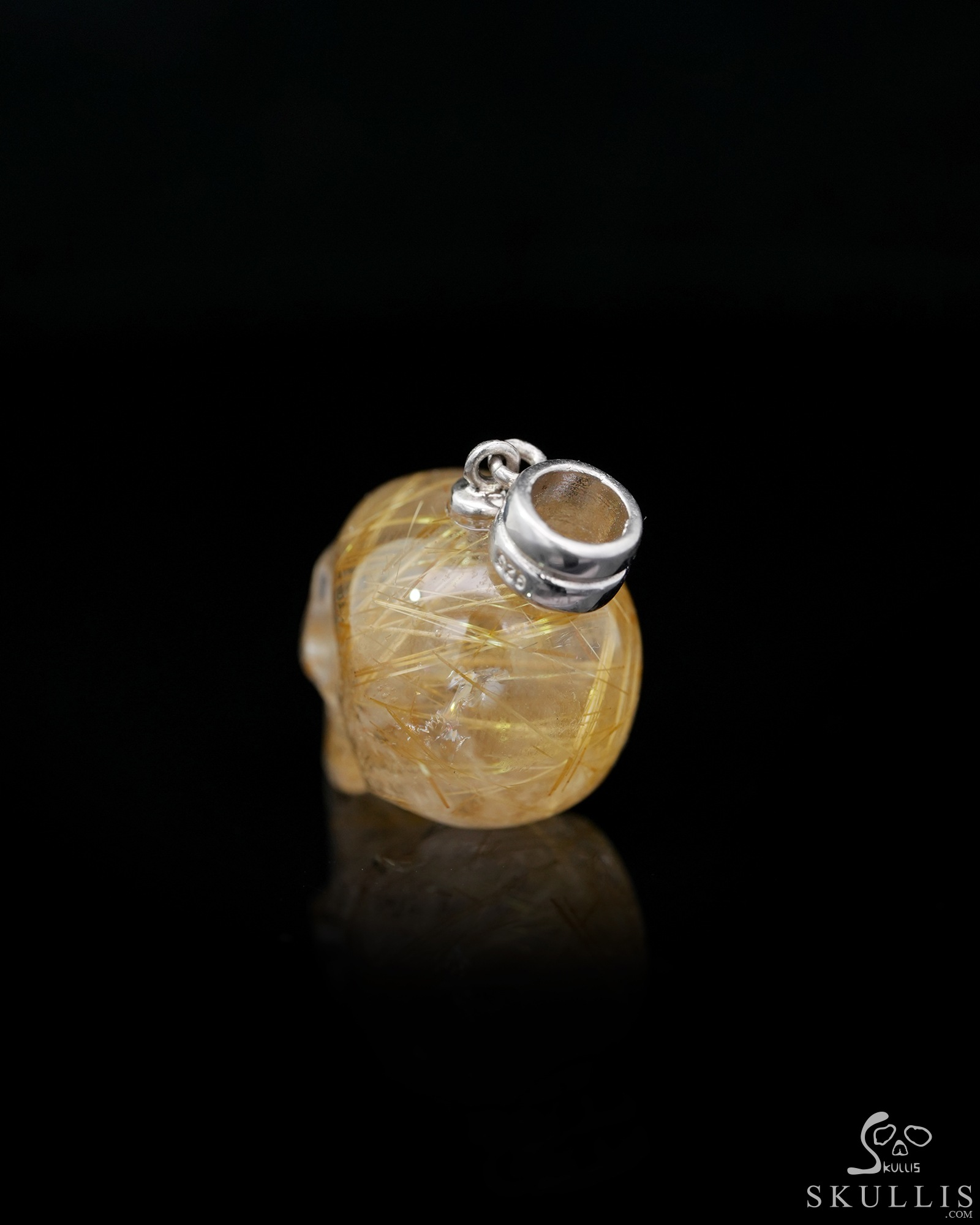Necklace of 0.7" Rutilated Quartz Rock Crystal Hand Carved Crystal Skull Pendant, Skull Jewelry Necklace of 0.7" Rutilated Quartz Rock Crystal Hand Carved Crystal Skull Pendant, Skull Jewelry