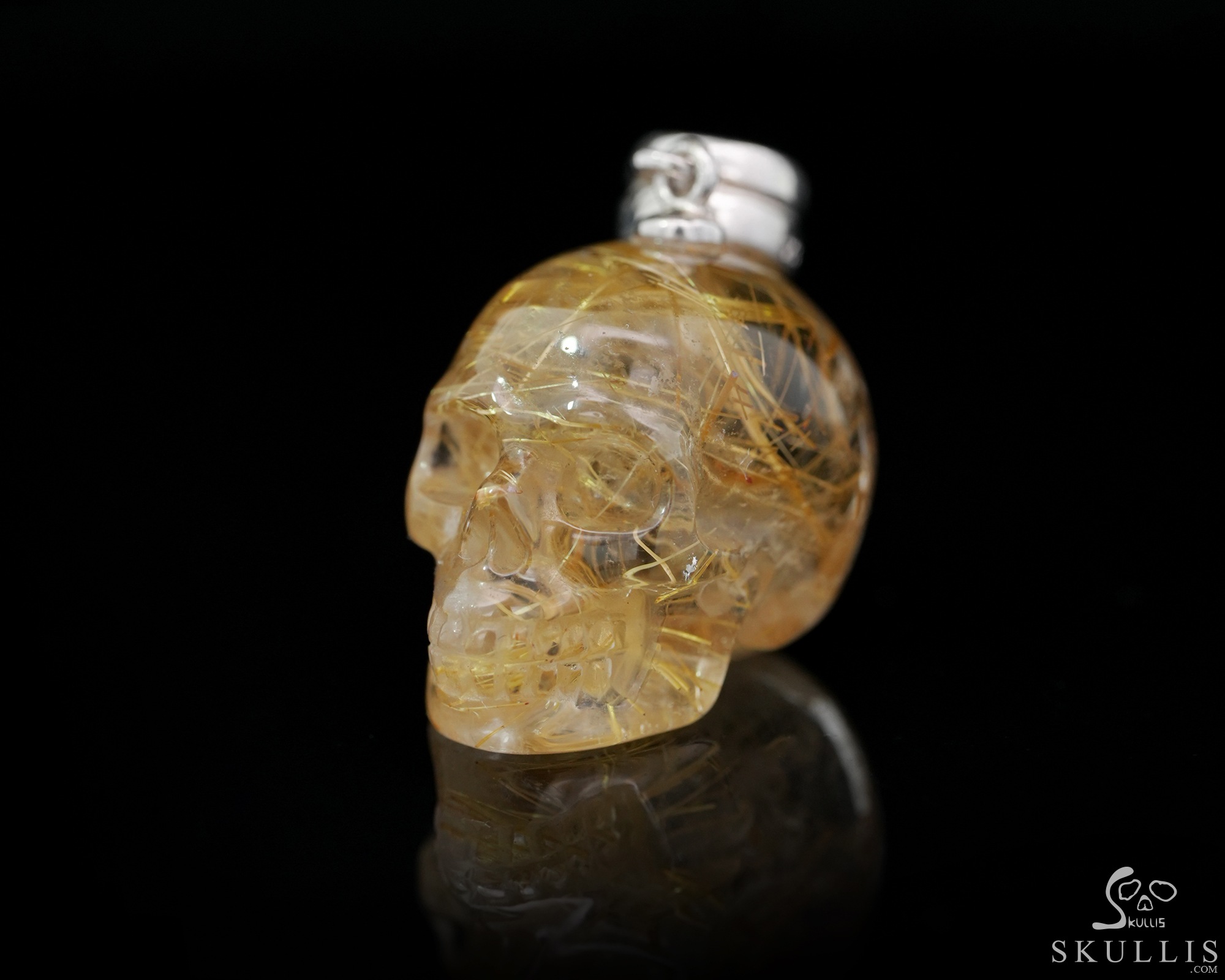 Necklace of 0.7" Rutilated Quartz Rock Crystal Hand Carved Crystal Skull Pendant, Skull Jewelry Necklace of 0.7" Rutilated Quartz Rock Crystal Hand Carved Crystal Skull Pendant, Skull Jewelry