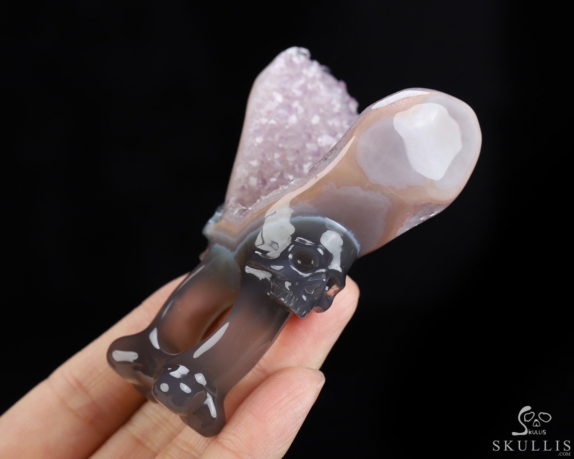 US Size 10# Amethyst & Agate Hand Carved Crystal Skull Ring, Skull Jewelry US Size 10# Amethyst & Agate Hand Carved Crystal Skull Ring, Skull Jewelry