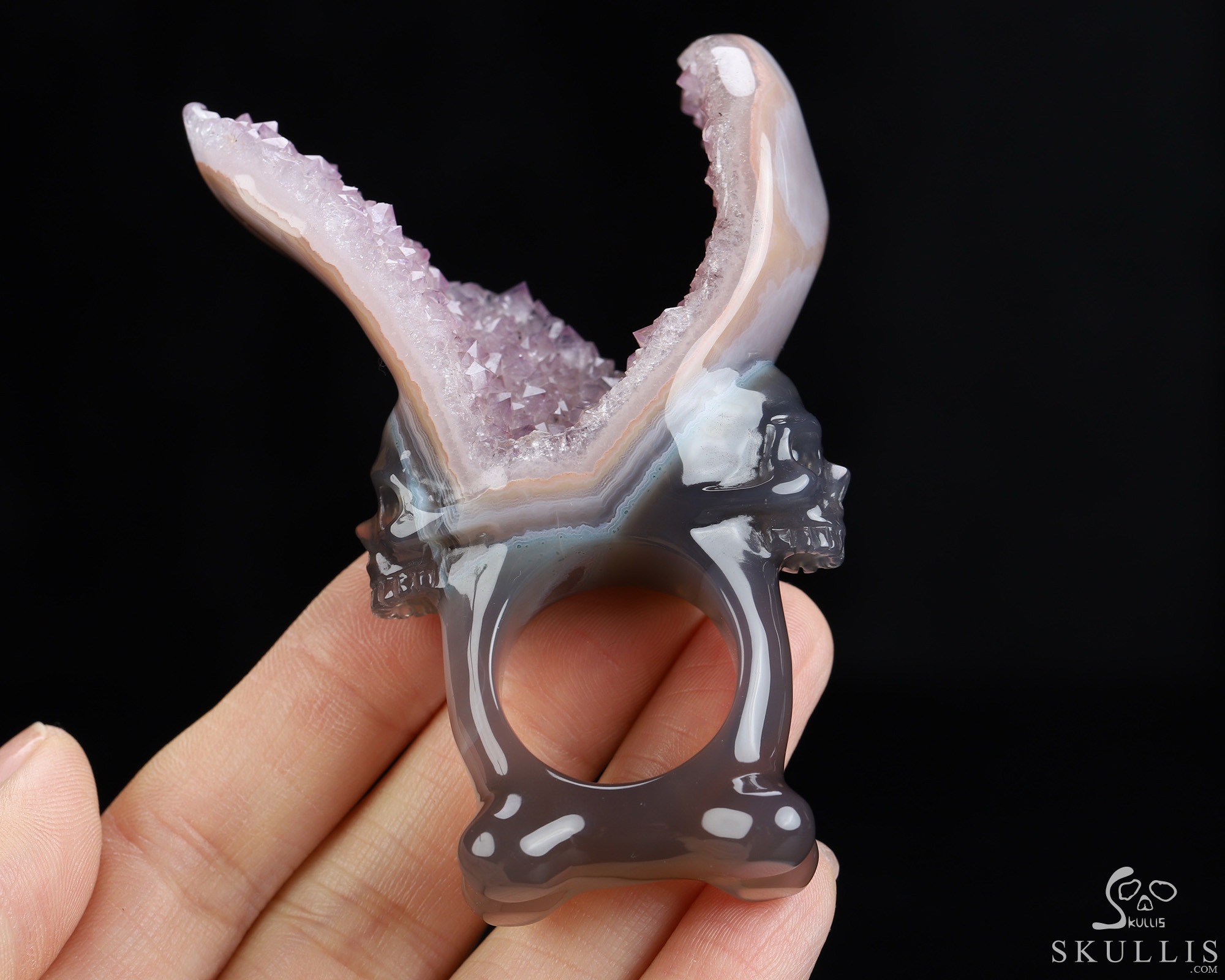 US Size 10# Amethyst & Agate Hand Carved Crystal Skull Ring, Skull Jewelry US Size 10# Amethyst & Agate Hand Carved Crystal Skull Ring, Skull Jewelry