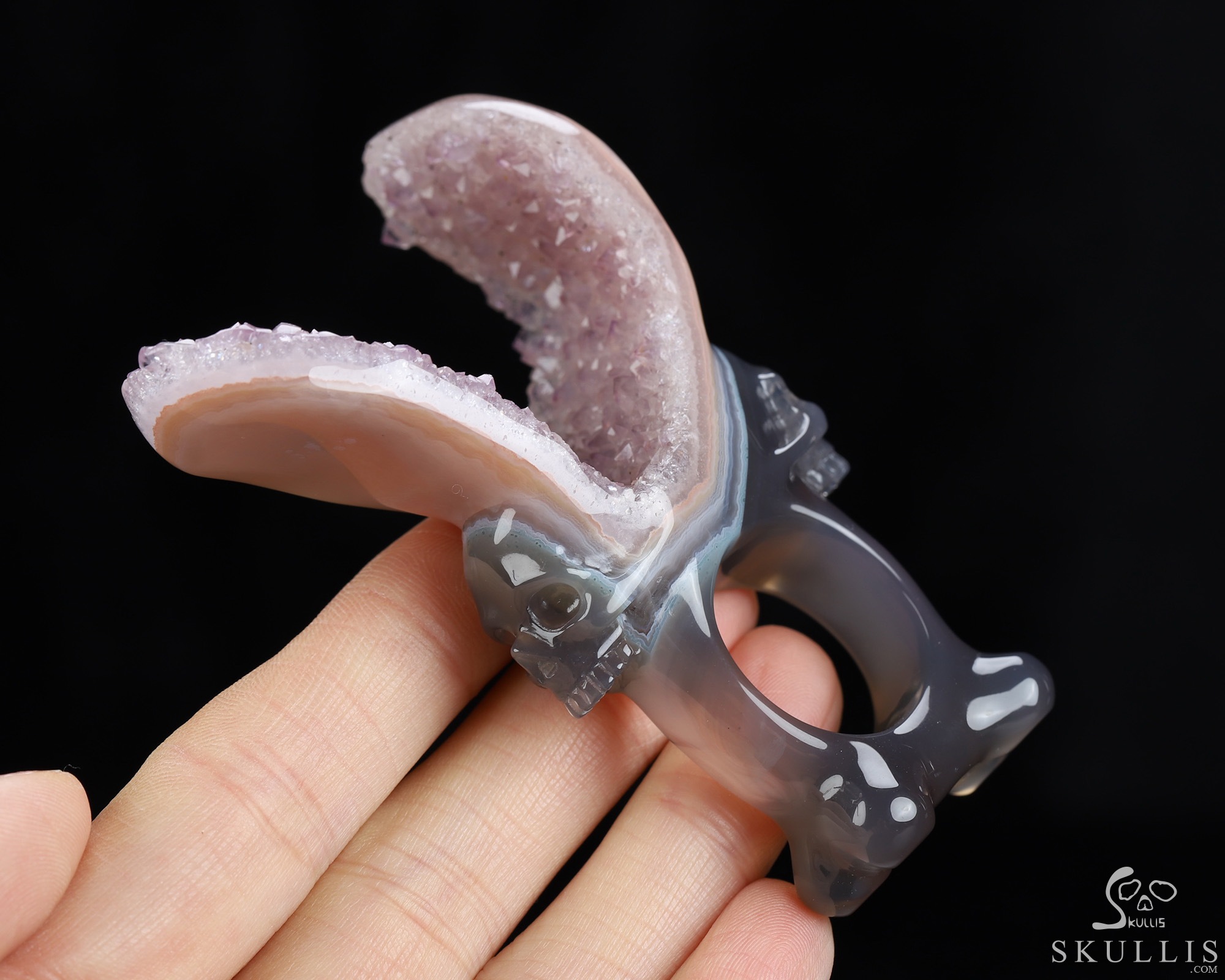 US Size 10# Amethyst & Agate Hand Carved Crystal Skull Ring, Skull Jewelry US Size 10# Amethyst & Agate Hand Carved Crystal Skull Ring, Skull Jewelry