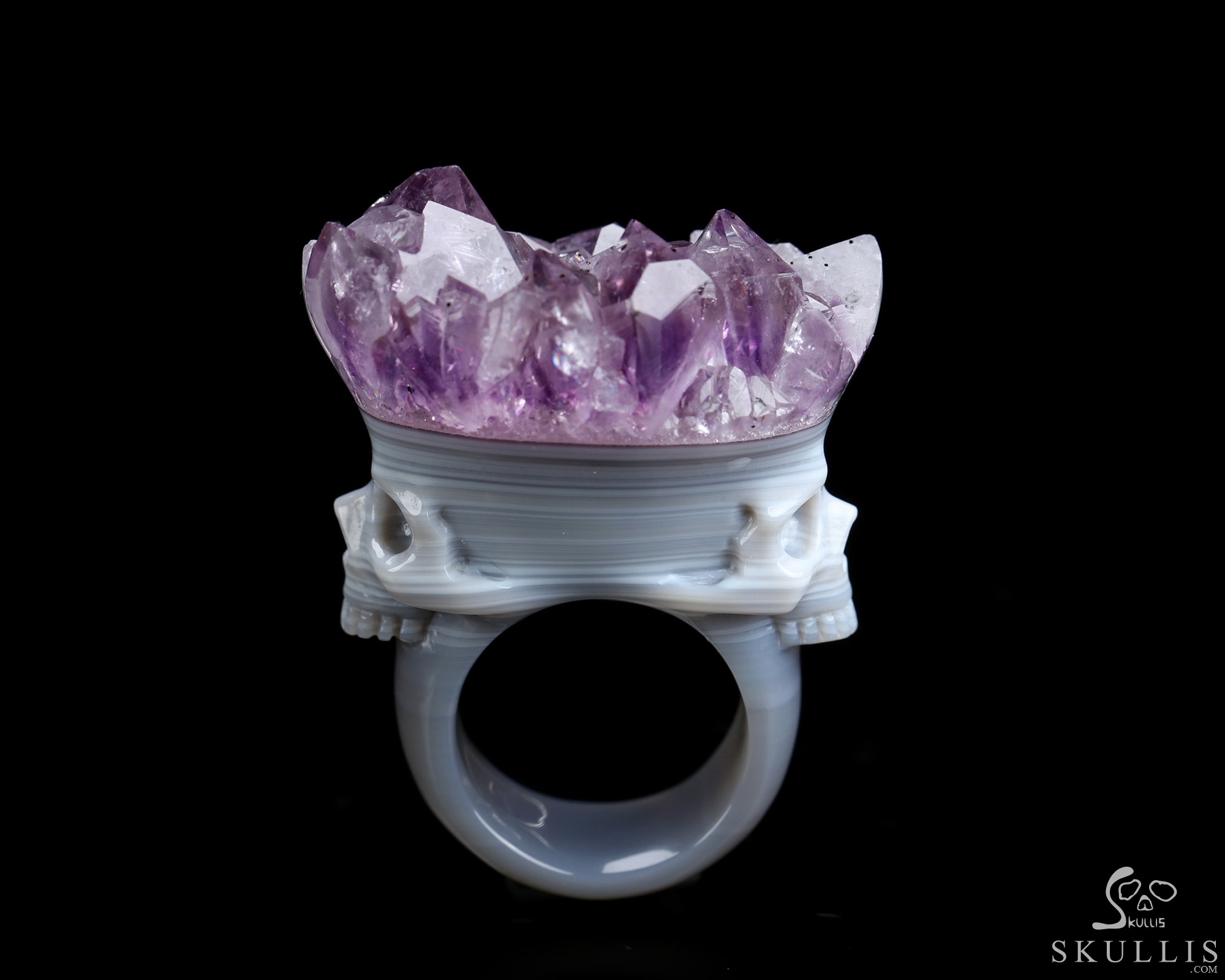 US Size 8.5# Amethyst & Agate Hand Carved Crystal Skull Ring, Skull Jewelry US Size 8.5# Amethyst & Agate Hand Carved Crystal Skull Ring, Skull Jewelry