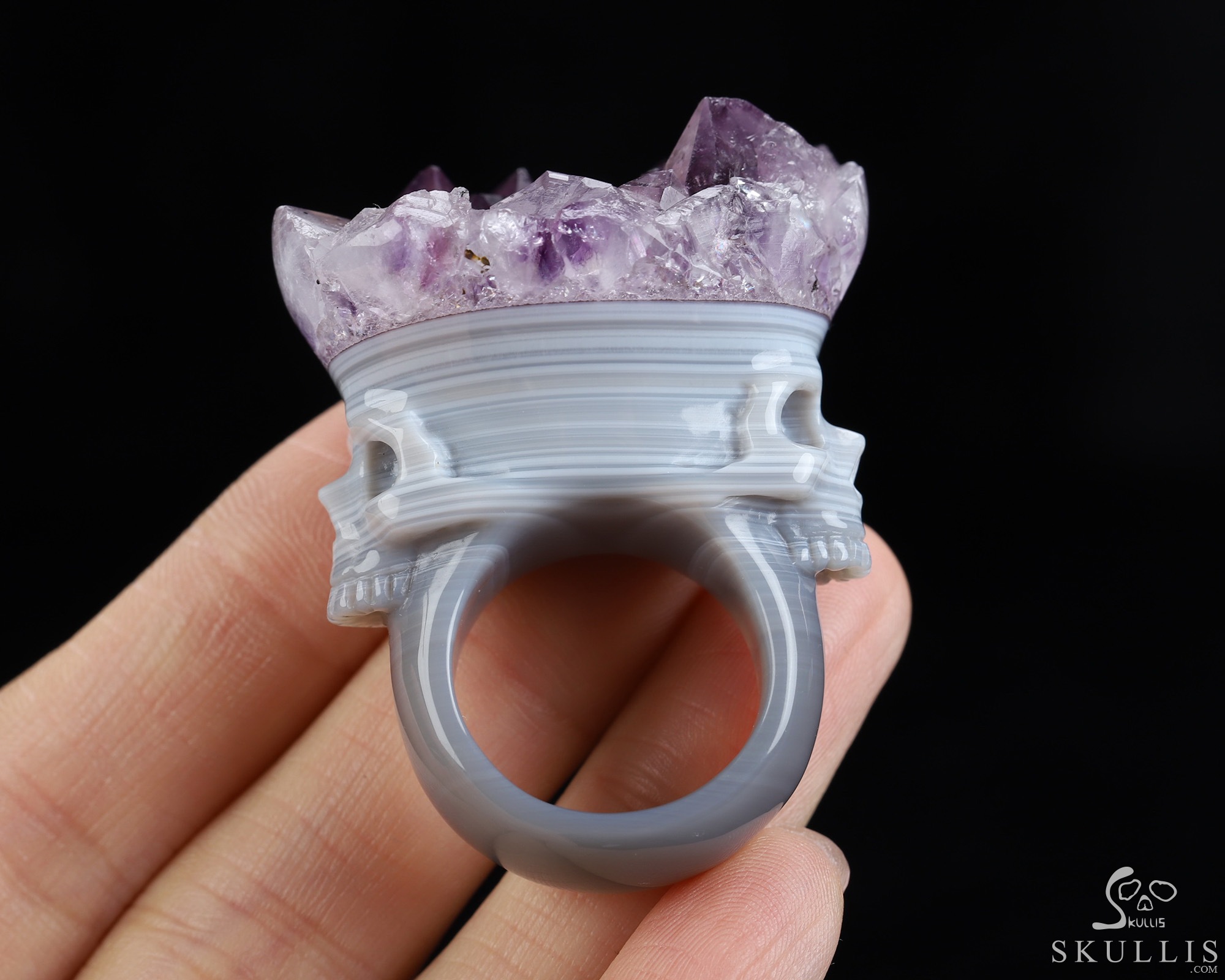 US Size 8.5# Amethyst & Agate Hand Carved Crystal Skull Ring, Skull Jewelry US Size 8.5# Amethyst & Agate Hand Carved Crystal Skull Ring, Skull Jewelry