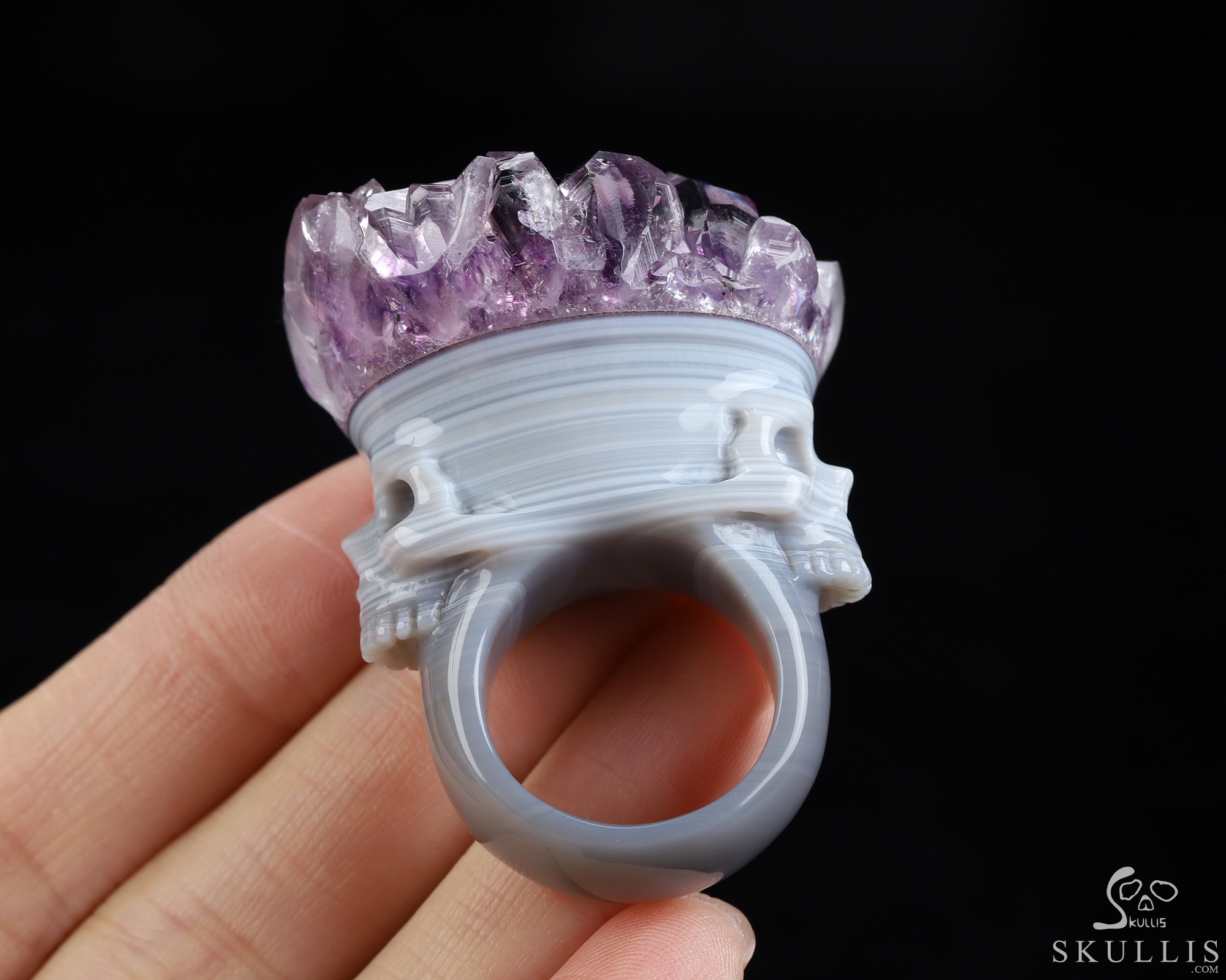 US Size 8.5# Amethyst & Agate Hand Carved Crystal Skull Ring, Skull Jewelry US Size 8.5# Amethyst & Agate Hand Carved Crystal Skull Ring, Skull Jewelry