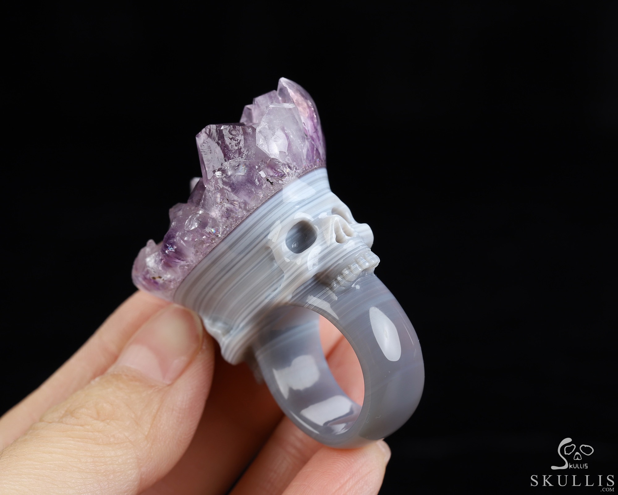 US Size 8.5# Amethyst & Agate Hand Carved Crystal Skull Ring, Skull Jewelry US Size 8.5# Amethyst & Agate Hand Carved Crystal Skull Ring, Skull Jewelry