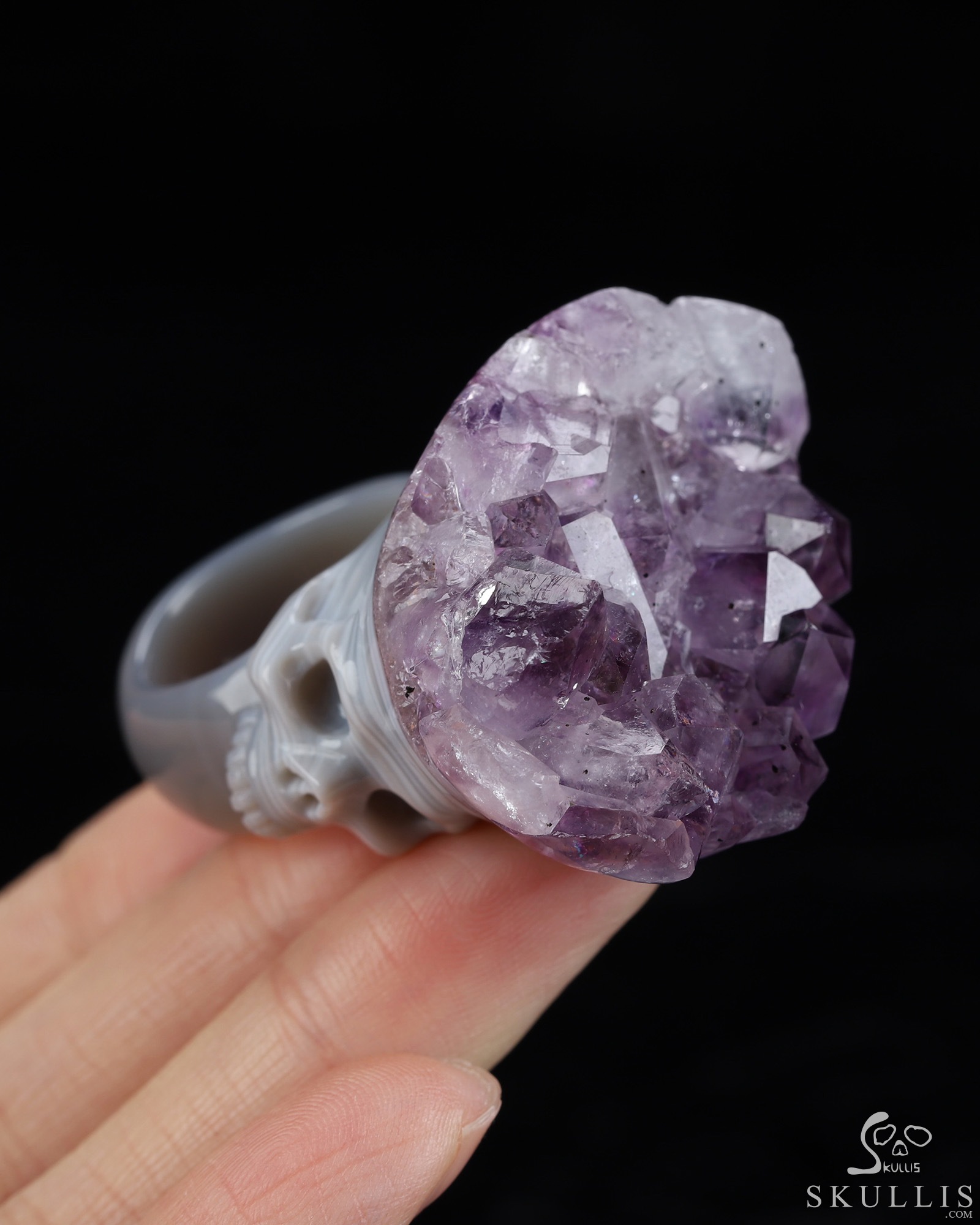 US Size 8.5# Amethyst & Agate Hand Carved Crystal Skull Ring, Skull Jewelry US Size 8.5# Amethyst & Agate Hand Carved Crystal Skull Ring, Skull Jewelry