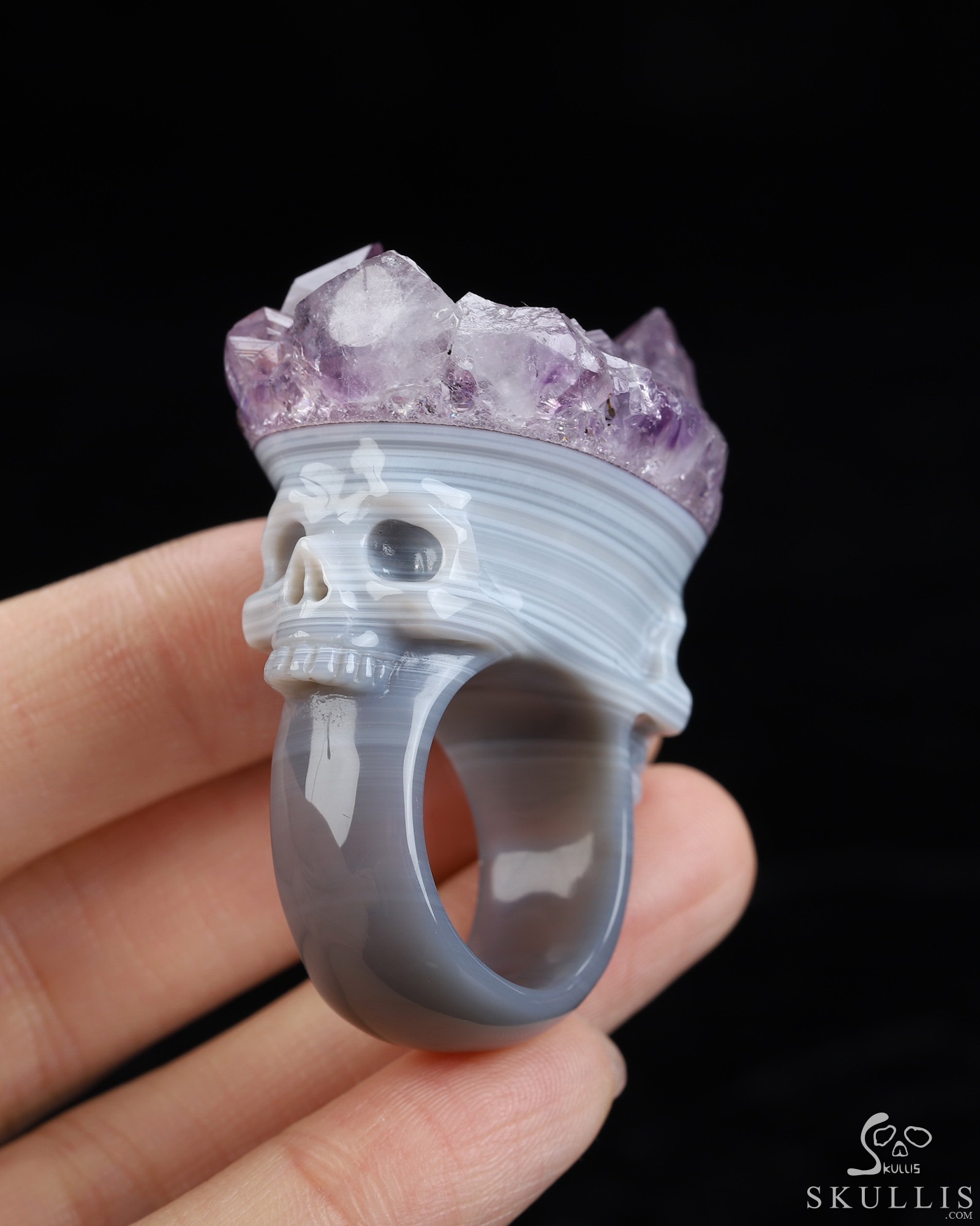 US Size 8.5# Amethyst & Agate Hand Carved Crystal Skull Ring, Skull Jewelry US Size 8.5# Amethyst & Agate Hand Carved Crystal Skull Ring, Skull Jewelry