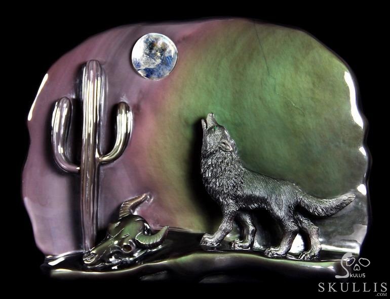 Original 10.6" Rainbow Obsidian Carved Crystal Howling Wolf at Night Sculpture in Moon Light Original 10.6" Rainbow Obsidian Carved Crystal Howling Wolf at Night Sculpture in Moon Light