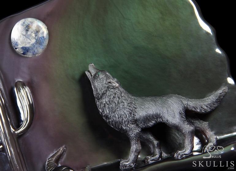 Original 10.6" Rainbow Obsidian Carved Crystal Howling Wolf at Night Sculpture in Moon Light Original 10.6" Rainbow Obsidian Carved Crystal Howling Wolf at Night Sculpture in Moon Light