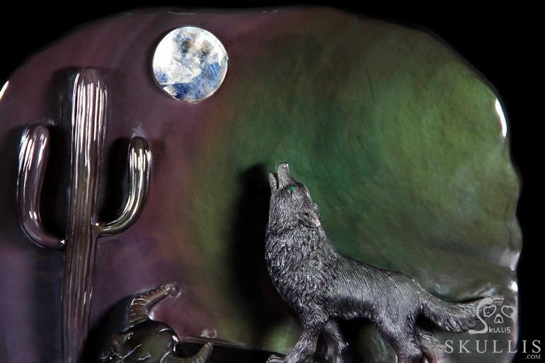 Original 10.6" Rainbow Obsidian Carved Crystal Howling Wolf at Night Sculpture in Moon Light Original 10.6" Rainbow Obsidian Carved Crystal Howling Wolf at Night Sculpture in Moon Light