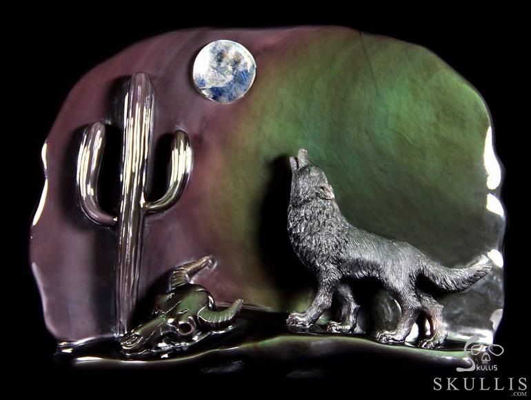 Original 10.6" Rainbow Obsidian Carved Crystal Howling Wolf at Night Sculpture in Moon Light Original 10.6" Rainbow Obsidian Carved Crystal Howling Wolf at Night Sculpture in Moon Light