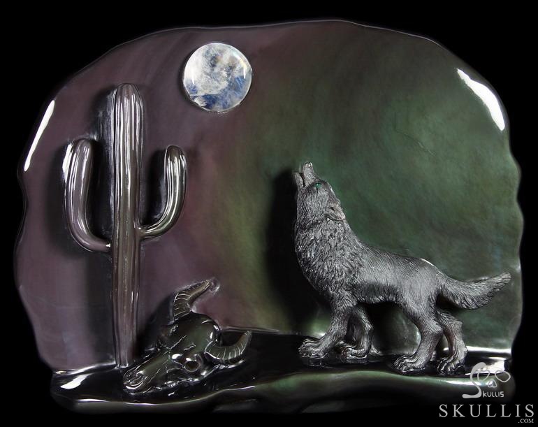 Original 10.6" Rainbow Obsidian Carved Crystal Howling Wolf at Night Sculpture in Moon Light Original 10.6" Rainbow Obsidian Carved Crystal Howling Wolf at Night Sculpture in Moon Light