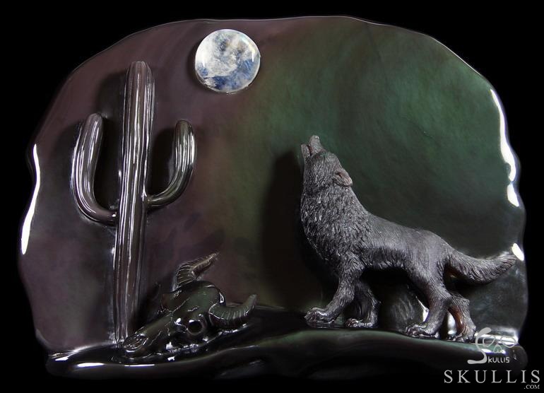 Original 10.6" Rainbow Obsidian Carved Crystal Howling Wolf at Night Sculpture in Moon Light Original 10.6" Rainbow Obsidian Carved Crystal Howling Wolf at Night Sculpture in Moon Light