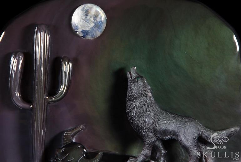 Original 10.6" Rainbow Obsidian Carved Crystal Howling Wolf at Night Sculpture in Moon Light Original 10.6" Rainbow Obsidian Carved Crystal Howling Wolf at Night Sculpture in Moon Light