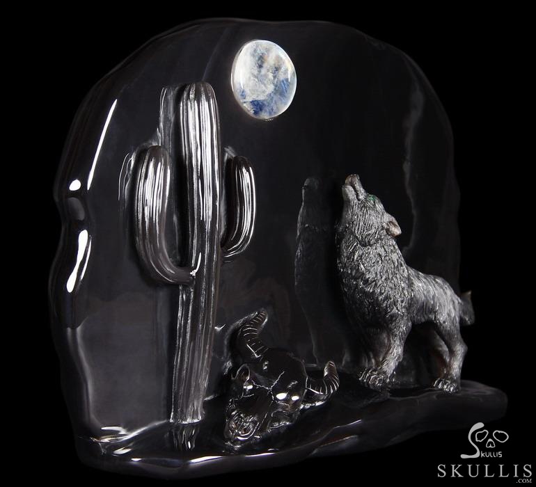 Original 10.6" Rainbow Obsidian Carved Crystal Howling Wolf at Night Sculpture in Moon Light Original 10.6" Rainbow Obsidian Carved Crystal Howling Wolf at Night Sculpture in Moon Light