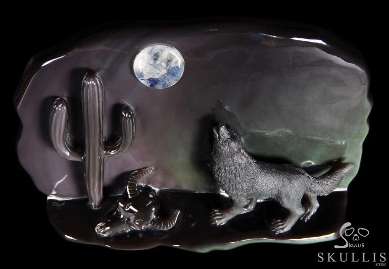 Original 10.6" Rainbow Obsidian Carved Crystal Howling Wolf at Night Sculpture in Moon Light Original 10.6" Rainbow Obsidian Carved Crystal Howling Wolf at Night Sculpture in Moon Light