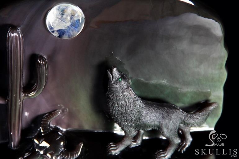 Original 10.6" Rainbow Obsidian Carved Crystal Howling Wolf at Night Sculpture in Moon Light Original 10.6" Rainbow Obsidian Carved Crystal Howling Wolf at Night Sculpture in Moon Light