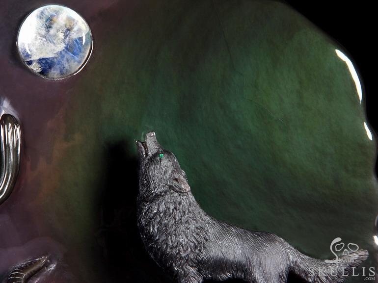 Original 10.6" Rainbow Obsidian Carved Crystal Howling Wolf at Night Sculpture in Moon Light Original 10.6" Rainbow Obsidian Carved Crystal Howling Wolf at Night Sculpture in Moon Light