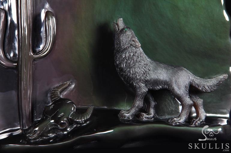 Original 10.6" Rainbow Obsidian Carved Crystal Howling Wolf at Night Sculpture in Moon Light Original 10.6" Rainbow Obsidian Carved Crystal Howling Wolf at Night Sculpture in Moon Light