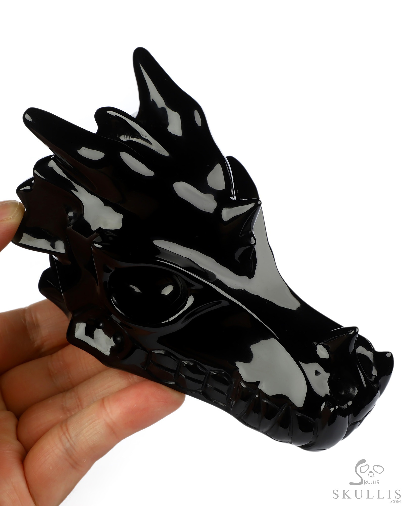 4.8" Black Obsidian Hand Carved Crystal Dragon Skull with Eyes Sculpture, Crystal Healing 4.8" Black Obsidian Hand Carved Crystal Dragon Skull with Eyes Sculpture, Crystal Healing